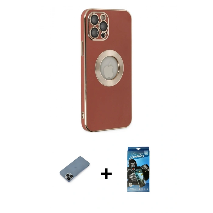 MARSİLYAN™- iPhone 12 Pro Max Kılıf İz Form Serisi - Siyah 34D Izgaralı Cam + Shine Kamera Lens Koruma Cam - SH
