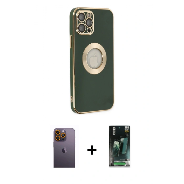 MARSİLYAN™- iPhone 12 Pro Max Kılıf İz Form Serisi - Siyah 360 Mat Full Body Arka Koruyucu + Neon Fosforlu Kamera Lens - SI