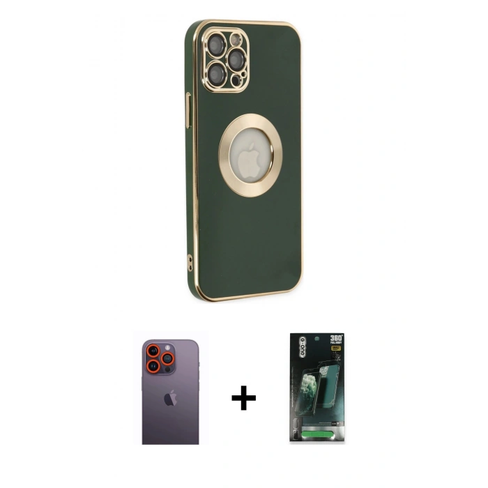 MARSİLYAN™- iPhone 12 Pro Max Kılıf İz Form Serisi - Siyah 360 Mat Full Body Arka Koruyucu + Turuncu Neon Fosforlu Kamera Lens