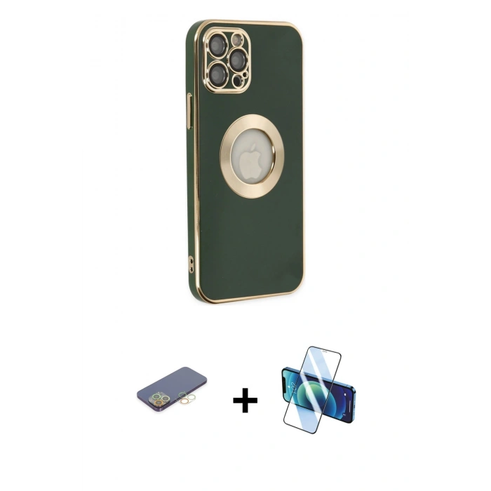 MARSİLYAN™- iPhone 12 Pro Max Kılıf İz Form Serisi - Siyah 3D Antistatik Cam Ekran Koruyucu + Renkli Kamera Lens Koruma Cam - SI