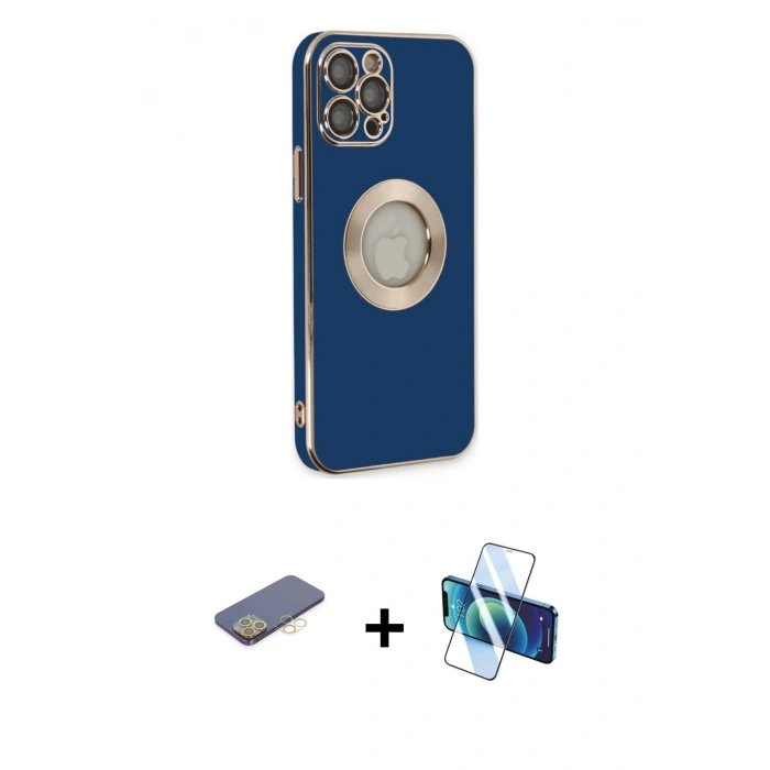 MARSİLYAN™- iPhone 12 Pro Max Kılıf İz Form Serisi - Siyah 3D Antistatik Cam Ekran Koruyucu + Renkli Kamera Lens Koruma Cam - SI