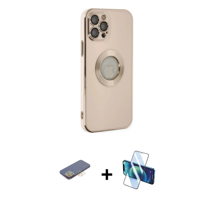 MARSİLYAN™- iPhone 12 Pro Max Kılıf İz Form Serisi - Siyah 3D Antistatik Cam Ekran Koruyucu + Renkli Kamera Lens Koruma Cam - SI