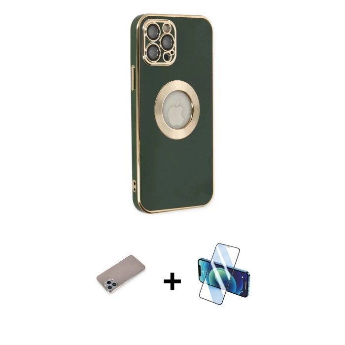 MARSİLYAN™- iPhone 12 Pro Max Kılıf İz Form Serisi - Siyah 3D Antistatik Cam Ekran Koruyucu + Sierra Blue Shine Kamera Lens Koruma Cam