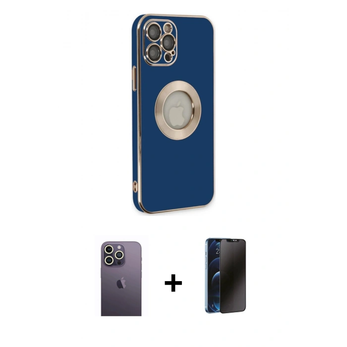 MARSİLYAN™- iPhone 12 Pro Max Kılıf İz Form Serisi - Siyah 3D Antistatik Hayalet Cam Ekran Koruyucu + Neon Fosforlu Kamera Lens - BZ