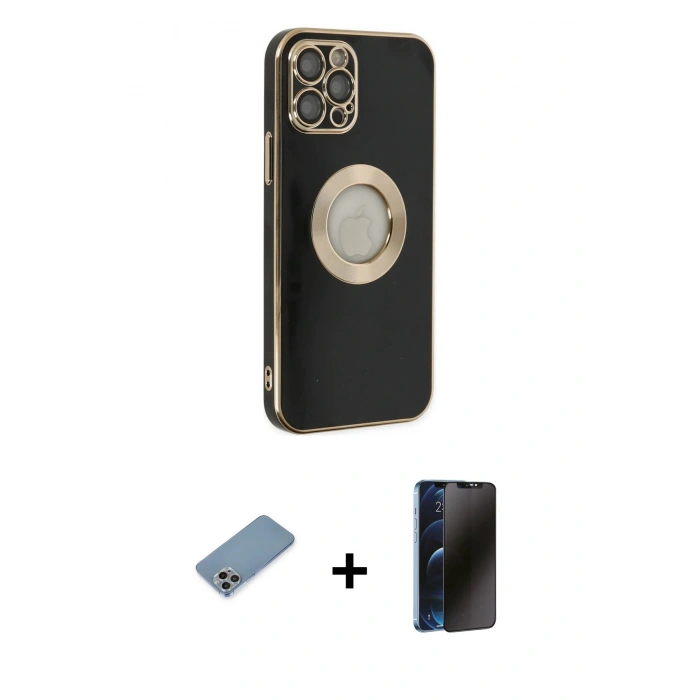 MARSİLYAN™- iPhone 12 Pro Max Kılıf İz Form Serisi - Siyah 3D Antistatik Hayalet Cam Ekran Koruyucu + Shine Kamera Lens Koruma Cam - GI