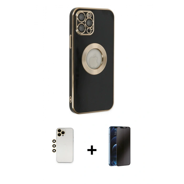 MARSİLYAN™- iPhone 12 Pro Max Kılıf İz Form Serisi - Siyah 3D Antistatik Hayalet Cam Ekran Koruyucu + Shine Kamera Lens - GD