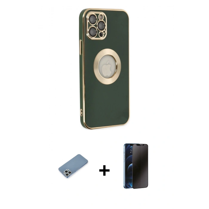 MARSİLYAN™- iPhone 12 Pro Max Kılıf İz Form Serisi - Siyah 3D Antistatik Hayalet Cam Ekran Koruyucu + Shine Kamera Lens Koruma Cam - GS