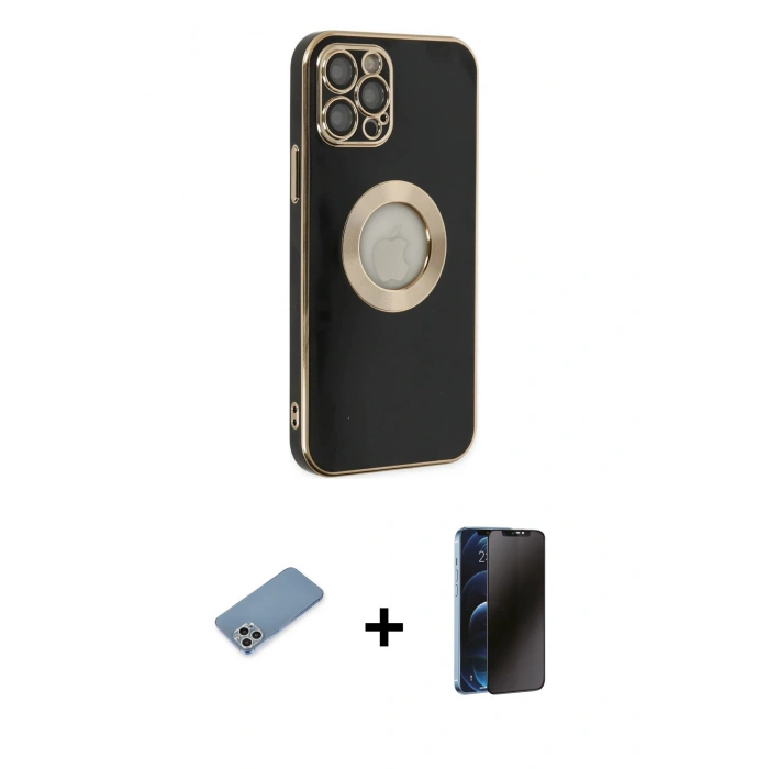 MARSİLYAN™- iPhone 12 Pro Max Kılıf İz Form Serisi - Siyah 3D Antistatik Hayalet Cam Ekran Koruyucu + Shine Kamera Lens Koruma Cam - GS