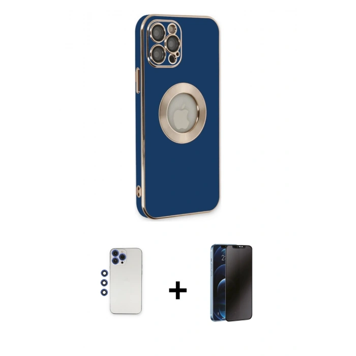 MARSİLYAN™- iPhone 12 Pro Max Kılıf İz Form Serisi - Siyah 3D Antistatik Hayalet Cam Ekran Koruyucu + Shine Kamera Lens - LT