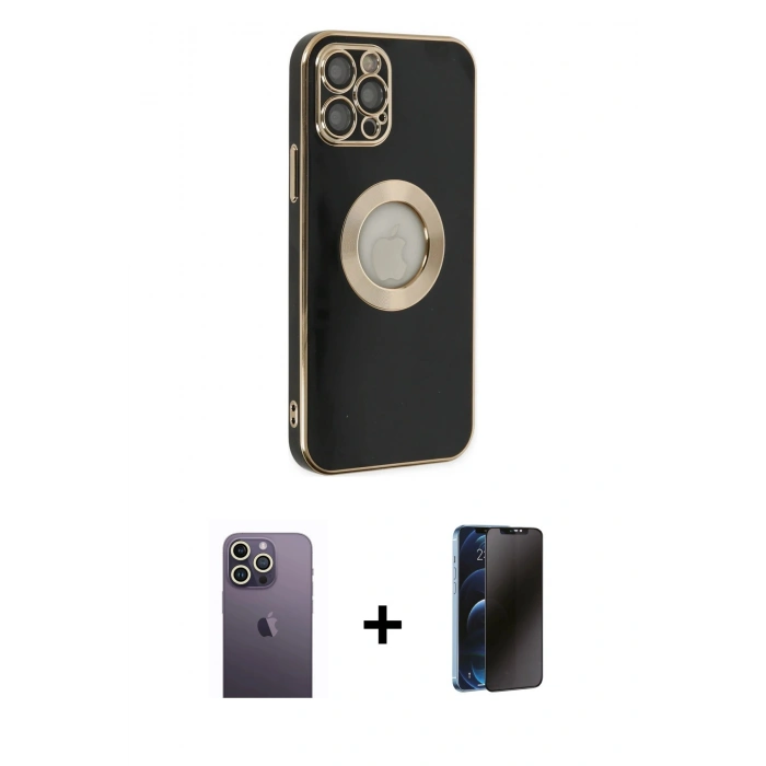 MARSİLYAN™- iPhone 12 Pro Max Kılıf İz Form Serisi - Siyah 3D Antistatik Hayalet Cam Ekran Koruyucu + Neon Fosforlu Kamera Lens - BZ