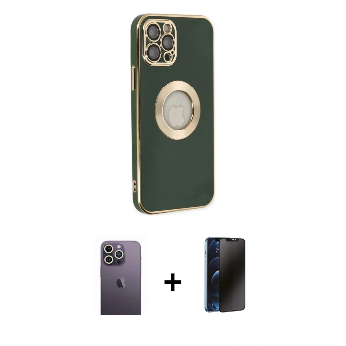 MARSİLYAN™- iPhone 12 Pro Max Kılıf İz Form Serisi - Siyah 3D Antistatik Hayalet Cam Ekran Koruyucu + Neon Fosforlu Kamera Lens - BZ