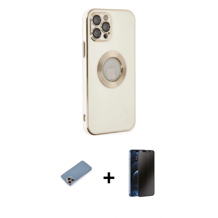 MARSİLYAN™- iPhone 12 Pro Max Kılıf İz Form Serisi - Siyah 3D Antistatik Hayalet Cam Ekran Koruyucu + Shine Kamera Lens Koruma Cam - PE