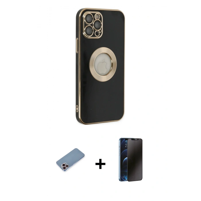 MARSİLYAN™- iPhone 12 Pro Max Kılıf İz Form Serisi - Siyah 3D Antistatik Hayalet Cam Ekran Koruyucu + Shine Kamera Lens Koruma Cam - PE