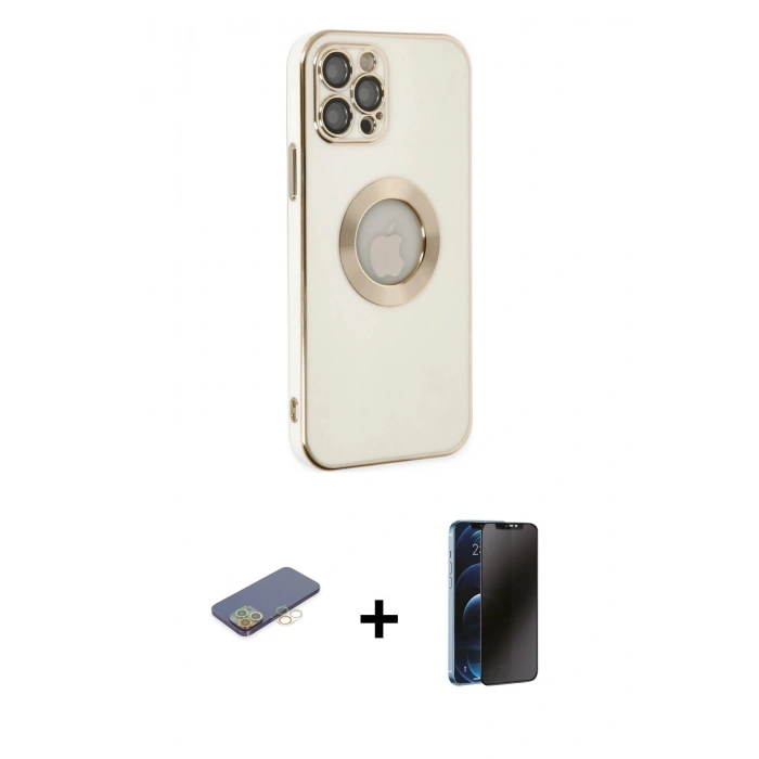 MARSİLYAN™- iPhone 12 Pro Max Kılıf İz Form Serisi - Siyah 3D Antistatik Hayalet Cam Ekran Koruyucu + Renkli Kamera Lens Koruma Cam - SI