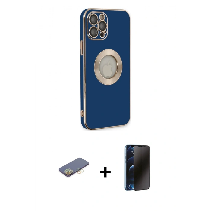 MARSİLYAN™- iPhone 12 Pro Max Kılıf İz Form Serisi - Siyah 3D Antistatik Hayalet Cam Ekran Koruyucu + Renkli Kamera Lens Koruma Cam - SI