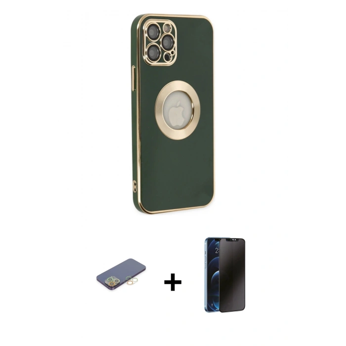 MARSİLYAN™- iPhone 12 Pro Max Kılıf İz Form Serisi - Siyah 3D Antistatik Hayalet Cam Ekran Koruyucu + Renkli Kamera Lens Koruma Cam - SI