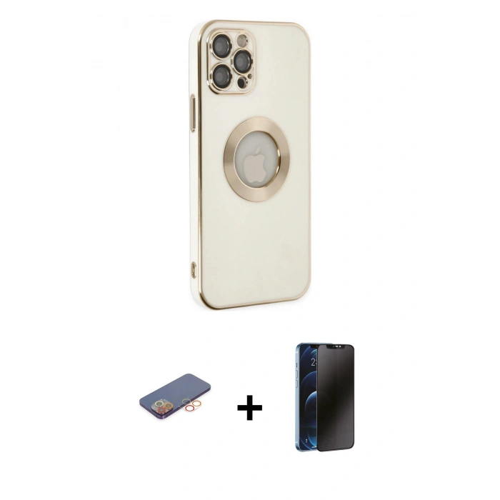 MARSİLYAN™- iPhone 12 Pro Max Kılıf İz Form Serisi - Siyah 3D Antistatik Hayalet Cam Ekran Koruyucu + Renkli Kamera Lens Koruma Cam - TU