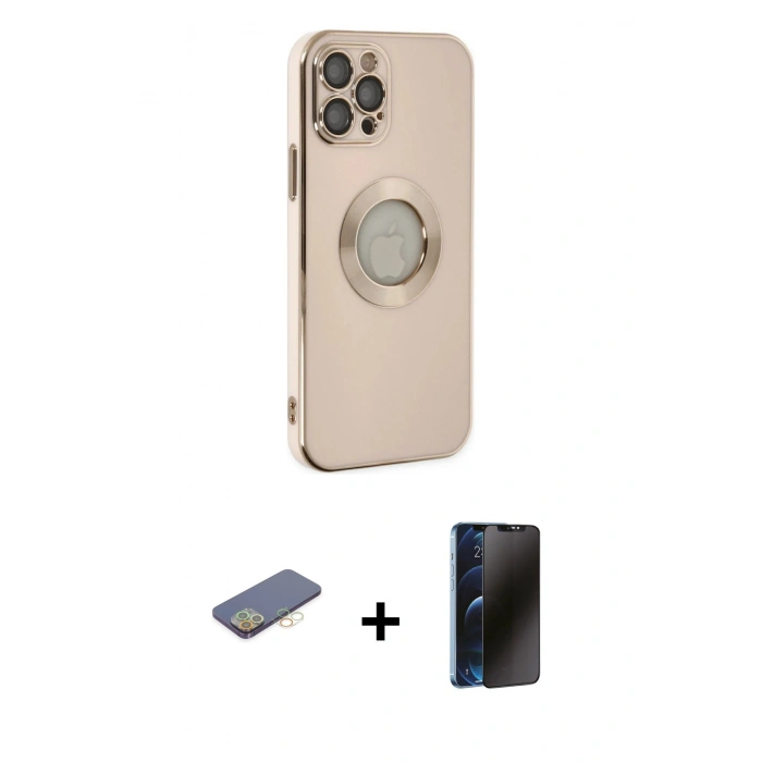 MARSİLYAN™- iPhone 12 Pro Max Kılıf İz Form Serisi - Siyah 3D Antistatik Hayalet Cam Ekran Koruyucu + Renkli Kamera Lens Koruma Cam - SI