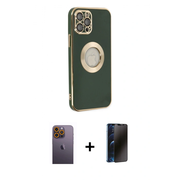 MARSİLYAN™- iPhone 12 Pro Max Kılıf İz Form Serisi - Siyah 3D Antistatik Hayalet Cam Ekran Koruyucu + Neon Fosforlu Kamera Lens - SI