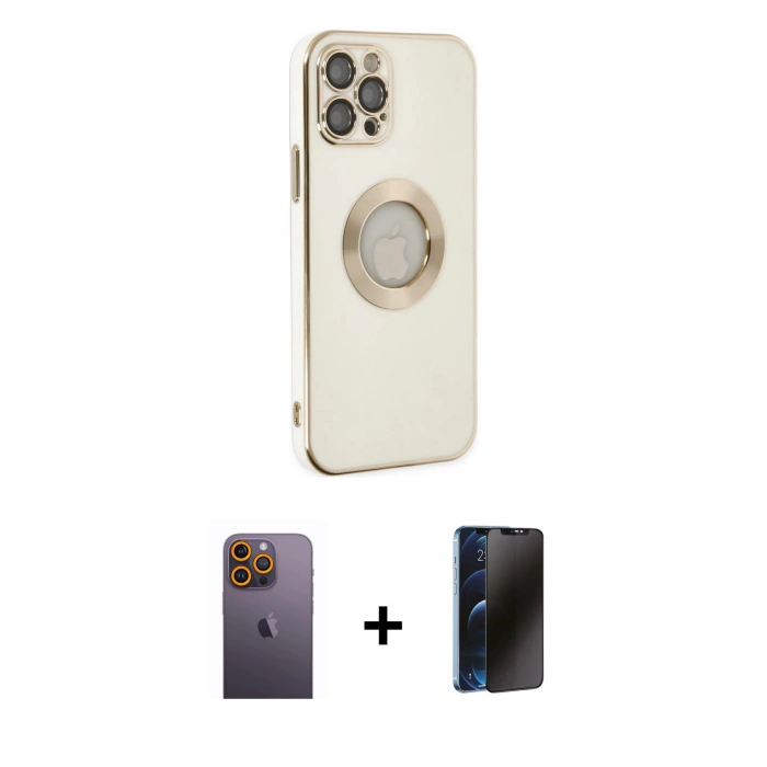 MARSİLYAN™- iPhone 12 Pro Max Kılıf İz Form Serisi - Siyah 3D Antistatik Hayalet Cam Ekran Koruyucu + Neon Fosforlu Kamera Lens - SI