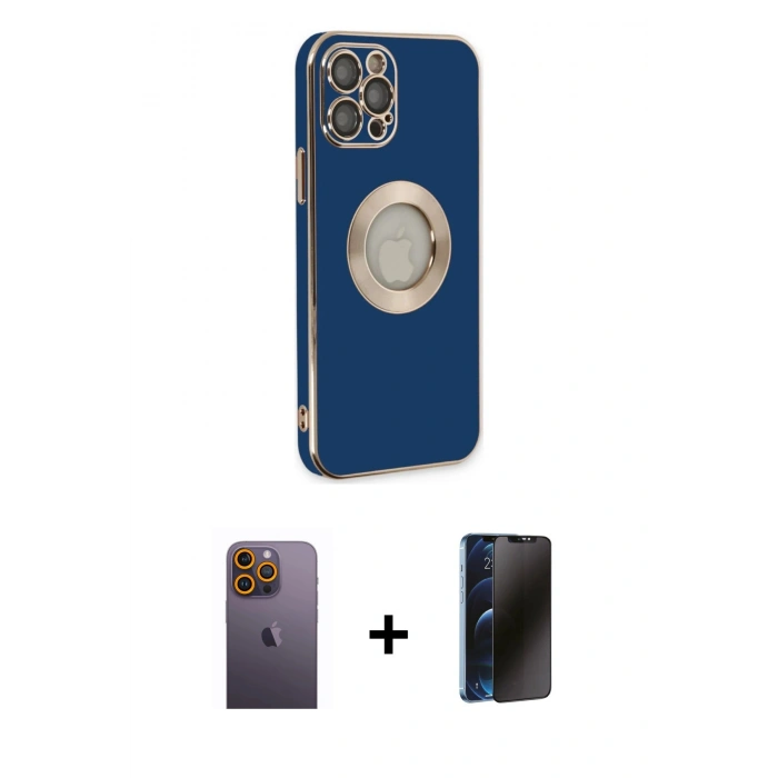MARSİLYAN™- iPhone 12 Pro Max Kılıf İz Form Serisi - Siyah 3D Antistatik Hayalet Cam Ekran Koruyucu + Neon Fosforlu Kamera Lens - SI