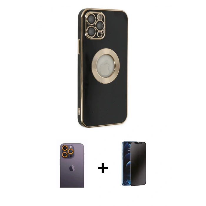 MARSİLYAN™- iPhone 12 Pro Max Kılıf İz Form Serisi - Siyah 3D Antistatik Hayalet Cam Ekran Koruyucu + Neon Fosforlu Kamera Lens - SI
