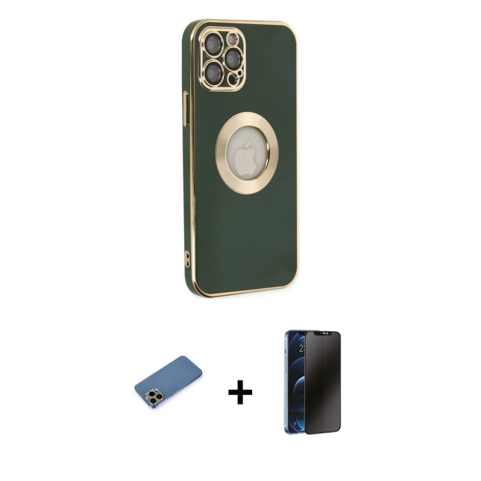 MARSİLYAN™- iPhone 12 Pro Max Kılıf İz Form Serisi - Siyah 3D Antistatik Hayalet Cam Ekran Koruyucu + Shine Kamera Lens Koruma Cam - GD