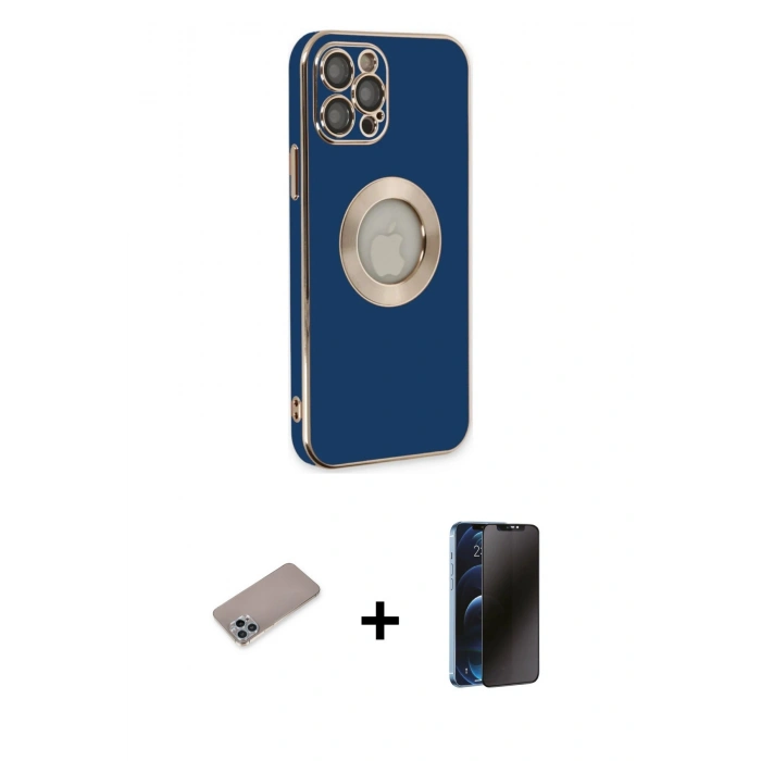 MARSİLYAN™- iPhone 12 Pro Max Kılıf İz Form Serisi - Siyah 3D Antistatik Hayalet Cam Ekran Koruyucu + Shine Kamera Lens Koruma Cam - SABE