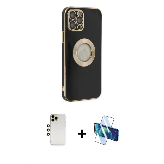 MARSİLYAN™- iPhone 12 Pro Max Kılıf İz Form Serisi - Siyah 3D Antistatik Seramik Nano Ekran Koruyucu + Gold Shine Kamera Lens