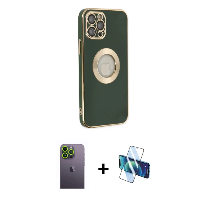 MARSİLYAN™- iPhone 12 Pro Max Kılıf İz Form Serisi - Siyah 3D Antistatik Seramik Nano Ekran Koruyucu + Neon Fosforlu Kamera Lens - YL
