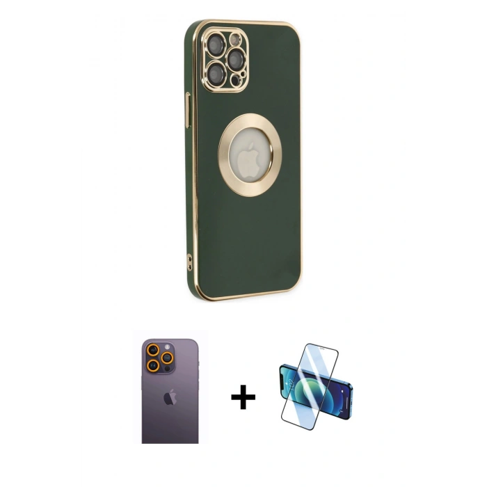 MARSİLYAN™- iPhone 12 Pro Max Kılıf İz Form Serisi - Siyah 3D Antistatik Seramik Nano Ekran Koruyucu + Neon Fosforlu Kamera Lens - SI