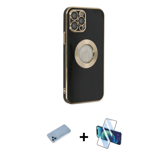 MARSİLYAN™- iPhone 12 Pro Max Kılıf İz Form Serisi - Siyah 3D Antistatik Seramik Nano Ekran Koruyucu + Shine Kamera Lens Koruma Cam - MI