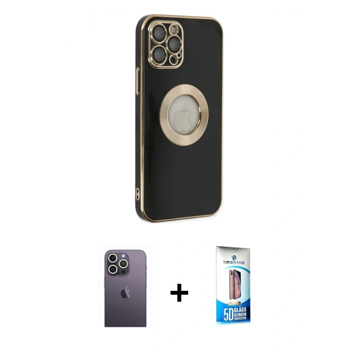 MARSİLYAN™- iPhone 12 Pro Max Kılıf İz Form Serisi - Siyah 5D Eko Cam Ekran Koruyucu + Neon Fosforlu Kamera Lens - BZ