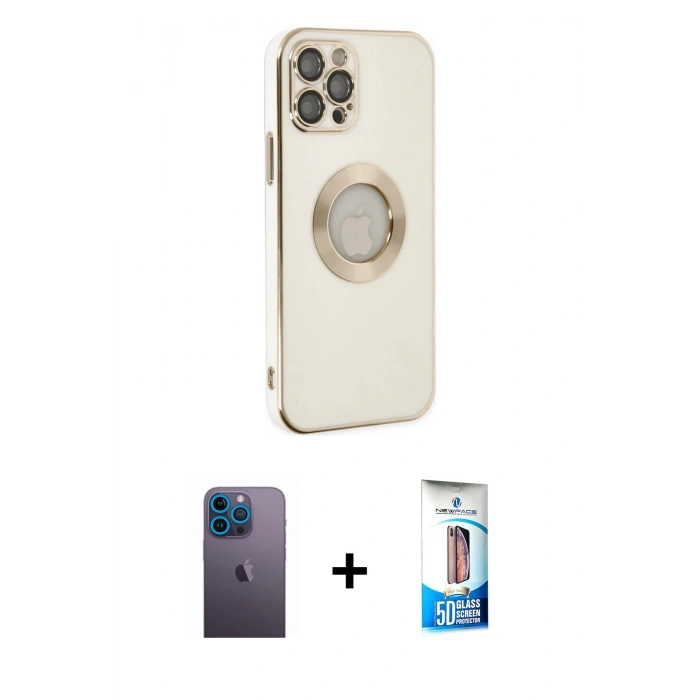 MARSİLYAN™- iPhone 12 Pro Max Kılıf İz Form Serisi - Siyah 5D Eko Cam Ekran Koruyucu + Neon Fosforlu Kamera Lens - MI