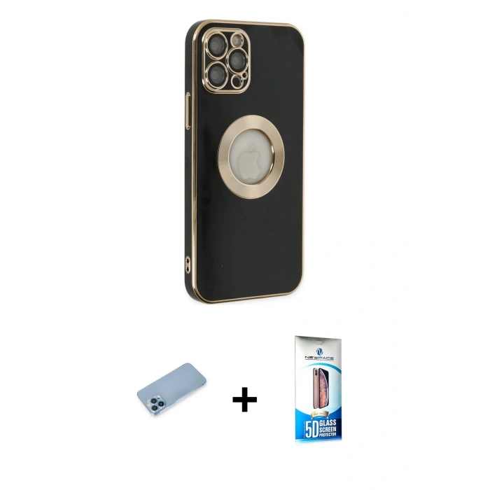 MARSİLYAN™- iPhone 12 Pro Max Kılıf İz Form Serisi - Siyah 5D Eko Cam Ekran Koruyucu + Shine Kamera Lens Koruma Cam - MI