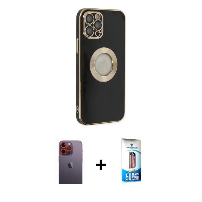 MARSİLYAN™- iPhone 12 Pro Max Kılıf İz Form Serisi - Siyah 5D Eko Cam Ekran Koruyucu + Neon Fosforlu Kamera Lens - TU