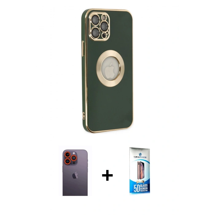 MARSİLYAN™- iPhone 12 Pro Max Kılıf İz Form Serisi - Siyah 5D Eko Cam Ekran Koruyucu + Neon Fosforlu Kamera Lens - TU