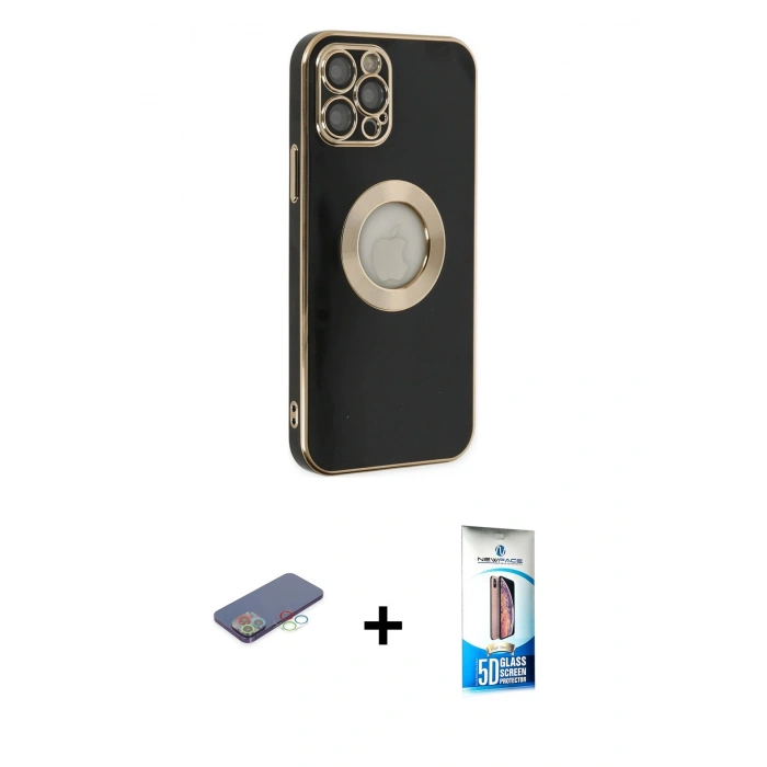 MARSİLYAN™- iPhone 12 Pro Max Kılıf İz Form Serisi - Siyah 5D Eko Cam Ekran Koruyucu + Renkli Kamera Lens Koruma Cam - MI