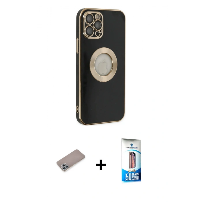 MARSİLYAN™- iPhone 12 Pro Max Kılıf İz Form Serisi - Siyah 5D Eko Cam Ekran Koruyucu + Shine Kamera Lens Koruma Cam - SABE