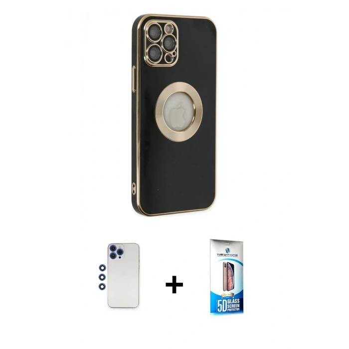 MARSİLYAN™- iPhone 12 Pro Max Kılıf İz Form Serisi - Siyah 5D Eko Cam Ekran Koruyucu + Shine Kamera Lens - LT