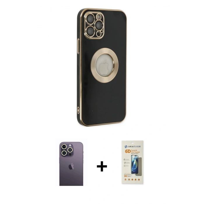 MARSİLYAN™- iPhone 12 Pro Max Kılıf İz Form Serisi - Siyah 6D Mat Seramik Hayalet Nano Ekran Koruyucu + Neon Fosforlu Kamera Lens - BZ