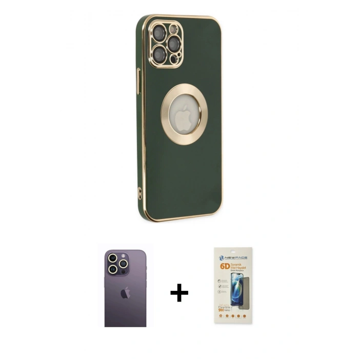 MARSİLYAN™- iPhone 12 Pro Max Kılıf İz Form Serisi - Siyah 6D Mat Seramik Hayalet Nano Ekran Koruyucu + Neon Fosforlu Kamera Lens - BZ