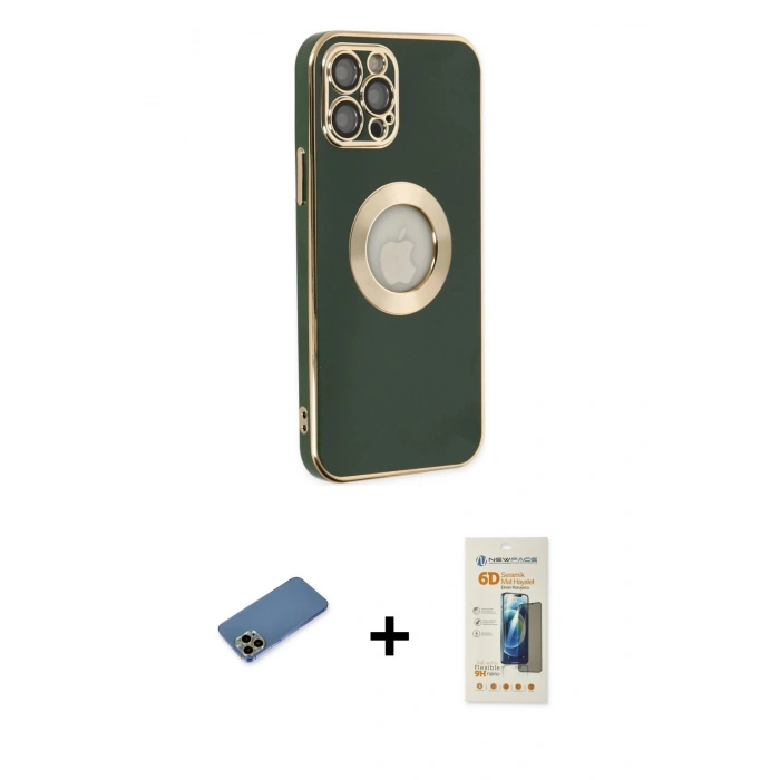 MARSİLYAN™- iPhone 12 Pro Max Kılıf İz Form Serisi - Siyah 6D Mat Seramik Hayalet Nano Ekran Koruyucu + Gold Shine Kamera Lens Koruma Cam