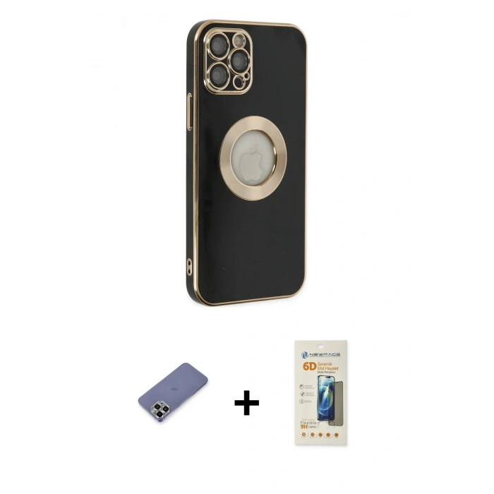 MARSİLYAN™- iPhone 12 Pro Max Kılıf İz Form Serisi - Siyah 6D Mat Seramik Hayalet Nano Ekran Koruyucu + Gold Metal Kamera Lens Koruma Cam