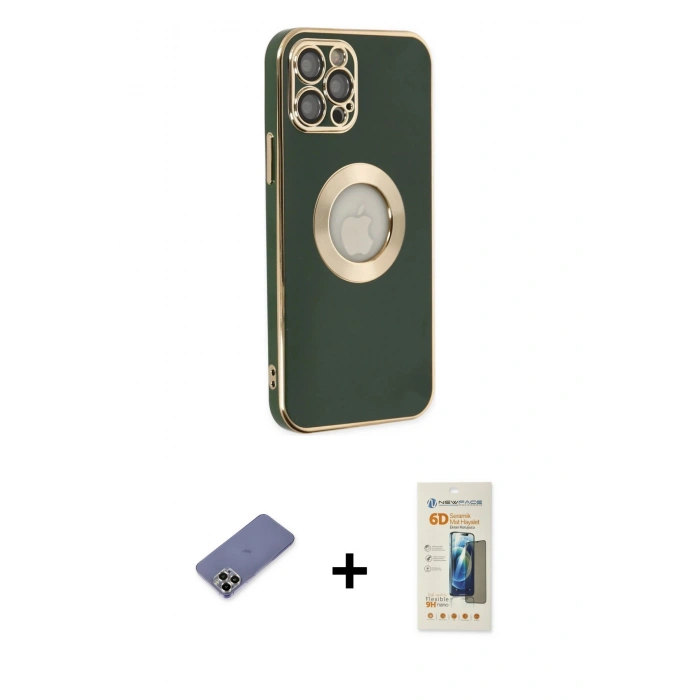 MARSİLYAN™- iPhone 12 Pro Max Kılıf İz Form Serisi - Siyah 6D Mat Seramik Hayalet Nano Ekran Koruyucu + Gold Metal Kamera Lens Koruma Cam