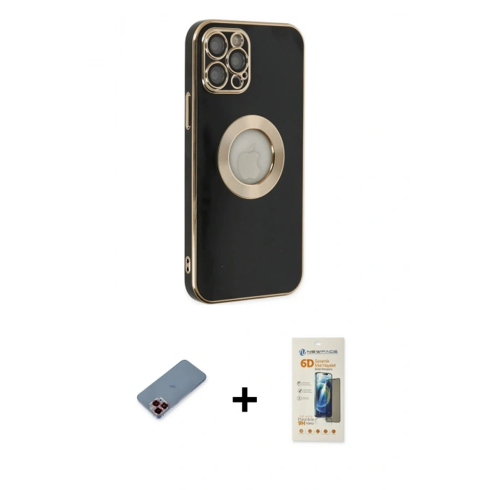 MARSİLYAN™- iPhone 12 Pro Max Kılıf İz Form Serisi - Siyah 6D Mat Seramik Hayalet Nano Ekran Koruyucu + Metal Kamera Lens Koruma Cam - KI