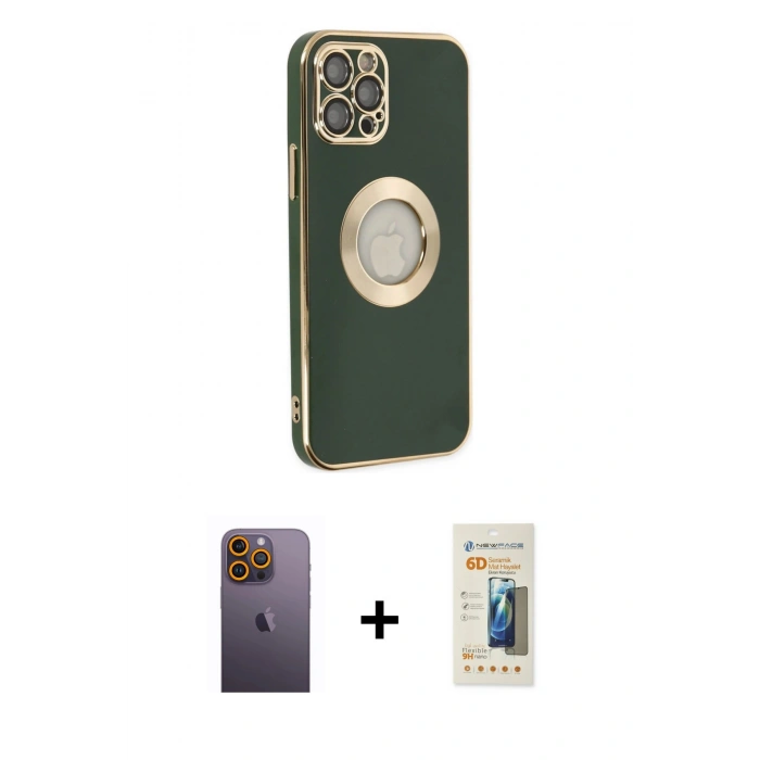 MARSİLYAN™- iPhone 12 Pro Max Kılıf İz Form Serisi - Siyah 6D Mat Seramik Hayalet Nano Ekran Koruyucu + Neon Fosforlu Kamera Lens - SI