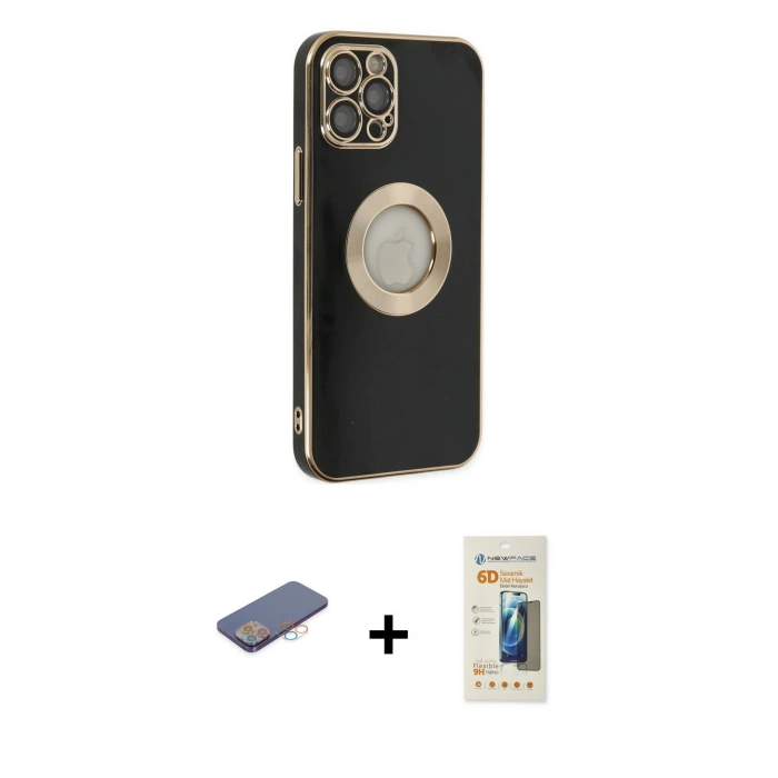 MARSİLYAN™- iPhone 12 Pro Max Kılıf İz Form Serisi - Siyah 6D Mat Seramik Hayalet Nano Ekran Koruyucu + Renkli Kamera Lens Koruma Cam - PE