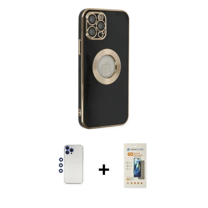 MARSİLYAN™- iPhone 12 Pro Max Kılıf İz Form Serisi - Siyah 6D Mat Seramik Hayalet Nano Ekran Koruyucu + Shine Kamera Lens - LT