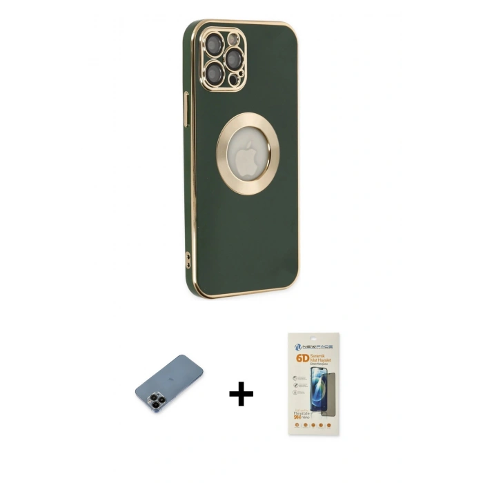MARSİLYAN™- iPhone 12 Pro Max Kılıf İz Form Serisi - Siyah 6D Mat Seramik Hayalet Nano Ekran Koruyucu + Shine Kamera Lens Koruma Cam - SH